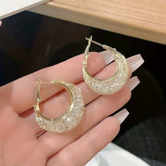 Sparkling Golden Alloy Hoop Earrings - Picture 3 of 6